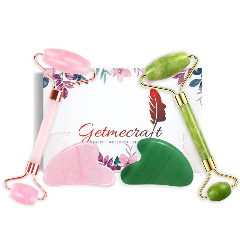 Rose Quartz Face Roller And Gua Sha Set With Jade Face Roller And Gua Sha Set